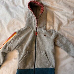Hatley 3T Zip up, Grey with Red, Yellow, & White Stripe.